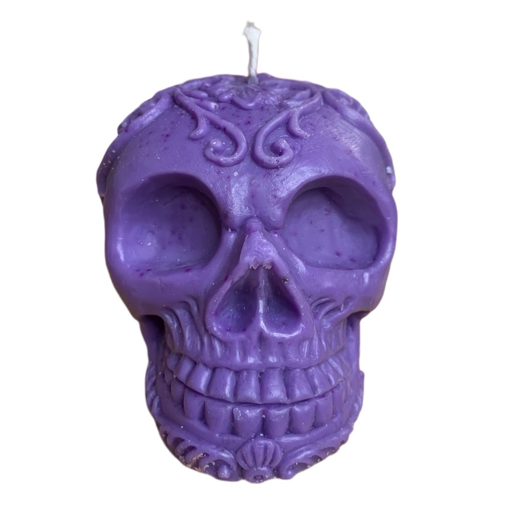 Handmade Candle Halloween Skull Dia de Los Muertos Unscented Purple